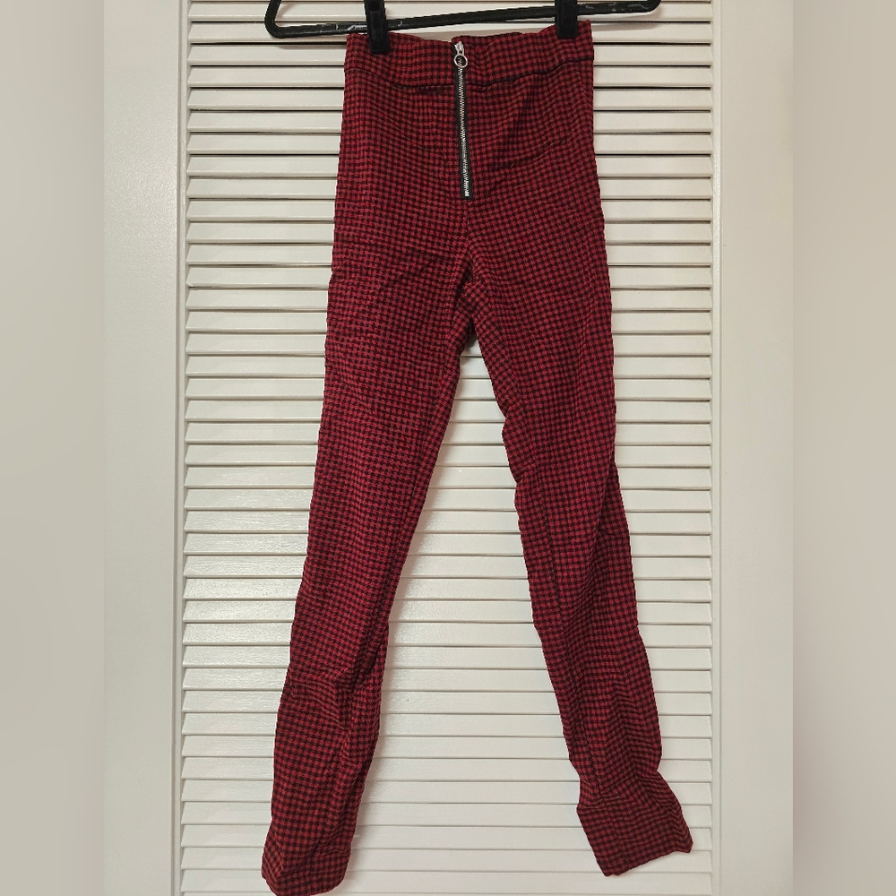 Garage - Red & Black Checkered Pattern Skinny Pants With Silver Zipper